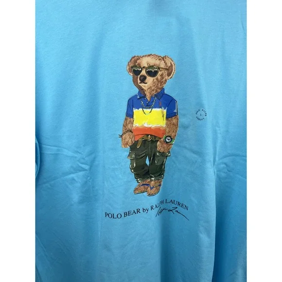 Polo Ralph Lauren Shirt Mens L Blue Hooded Long Sleeve Polo Bear Tee New w/Tags‎